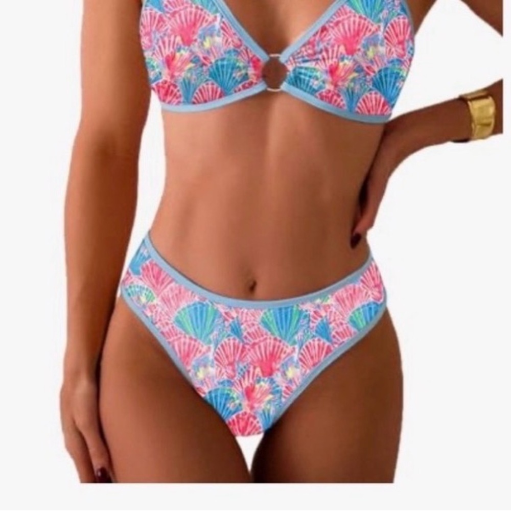 NWOT Fanuerg Shell Pink & Blue Floral Triangle Bikini O-Ring Size XS